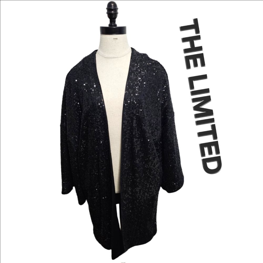 The Limited Women's Open Front Sequin True Black Cocktail Cardigan Sz XL